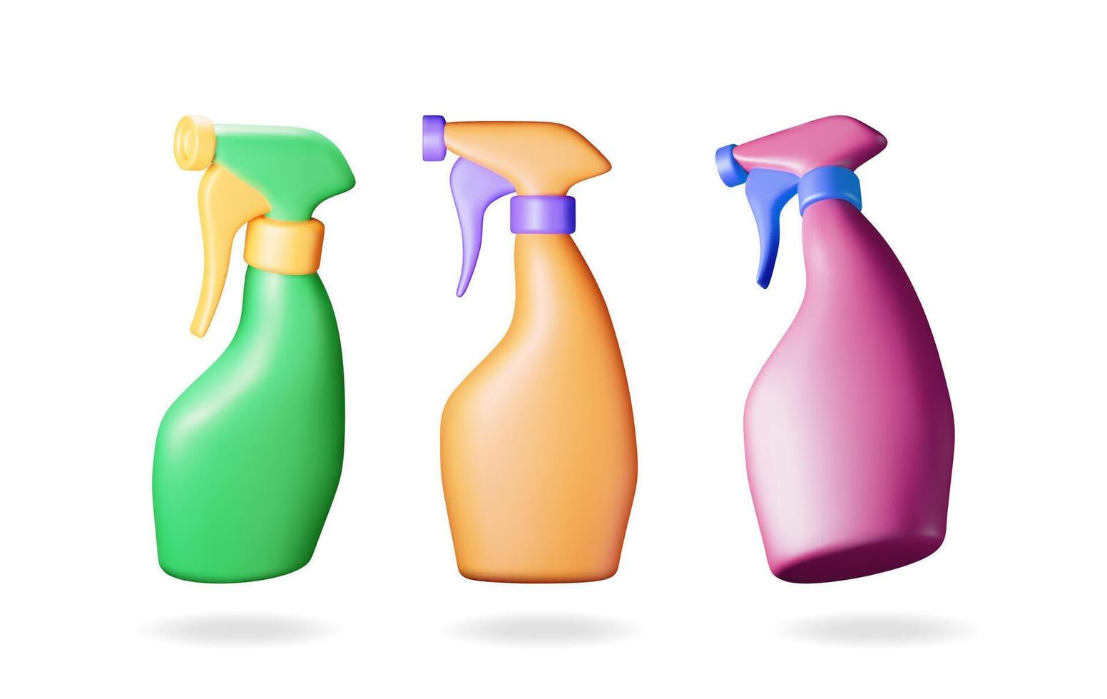 3d set of bottle with liquid detergent isolated. Render collection of spray bottle with cleaner. Dishwashing. Plastic bottle with dispenser for cleaning. House cleaning equipment. vector