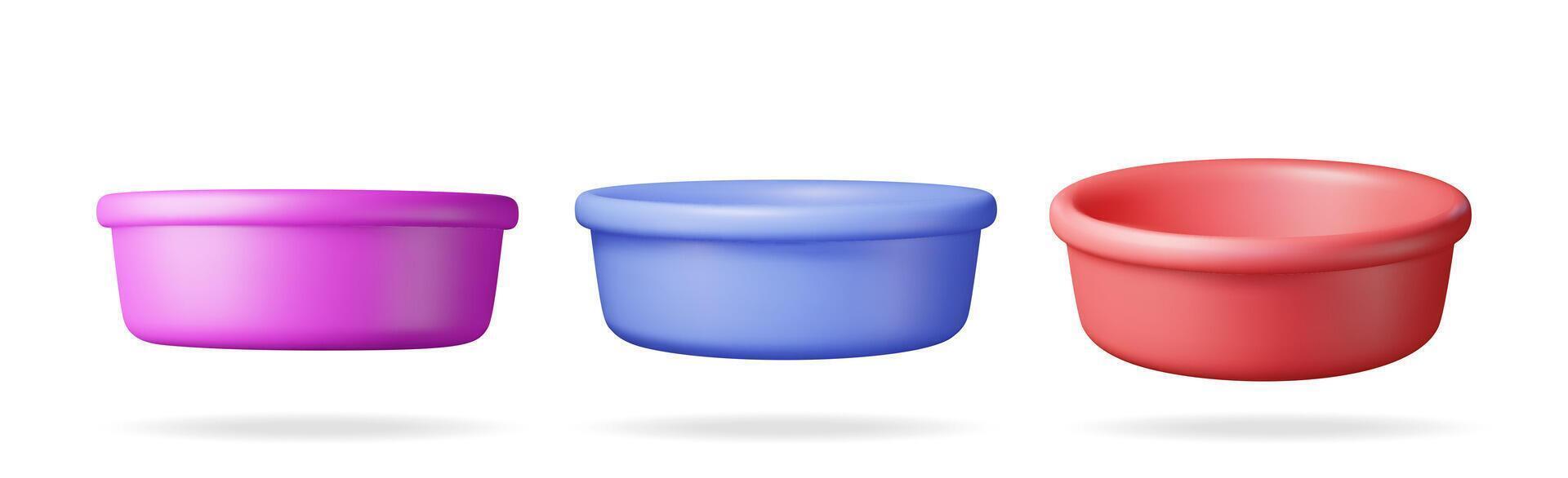 3D set of wash water basin isolated on white. Render collection of baby bath basin icon. House cleaning equipment. Household accessories. vector