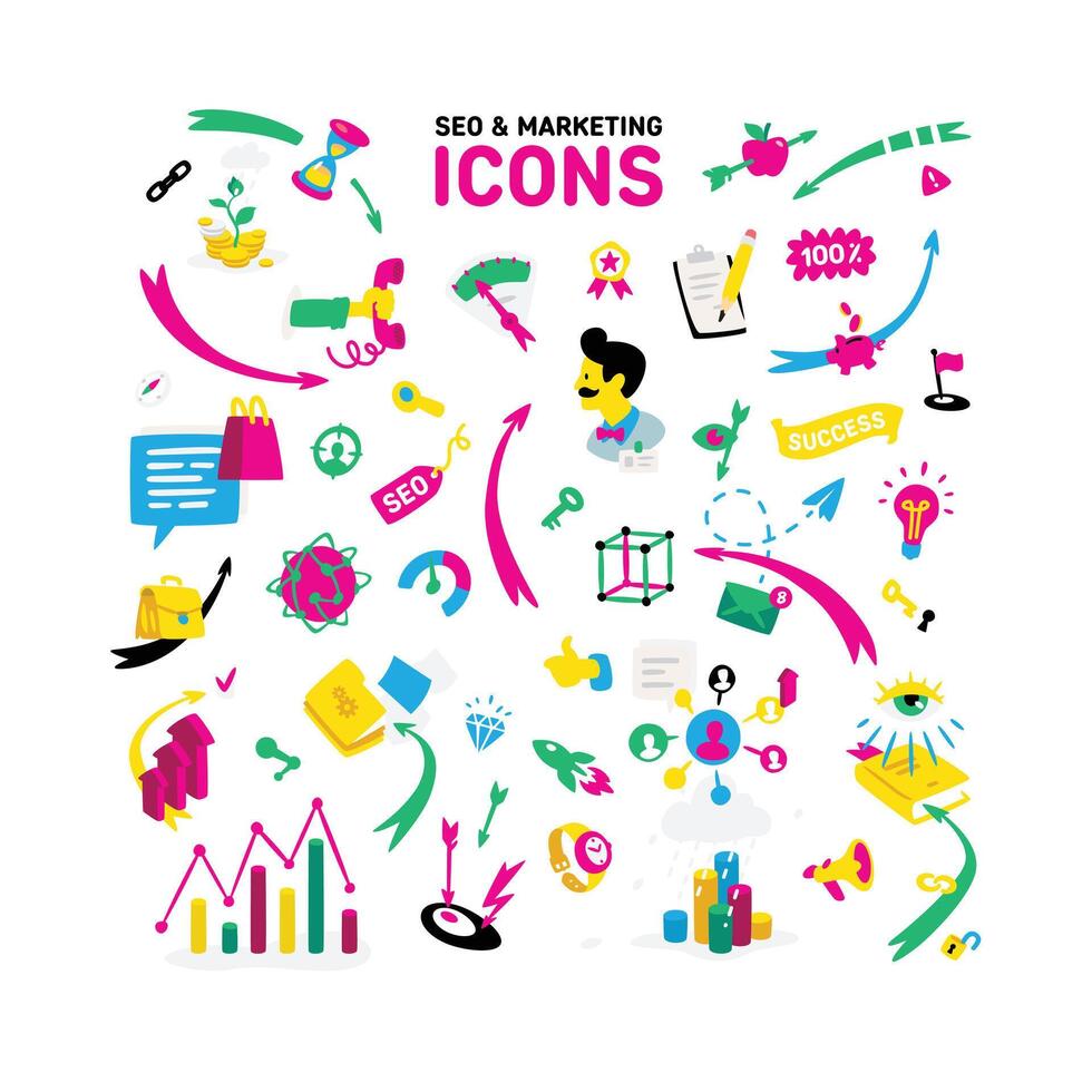 A set of icons on the theme of CEO and Marketing. Bright cartoon characters for banner, site and print. All images are isolated on white background. Fashionable bright illustration. vector