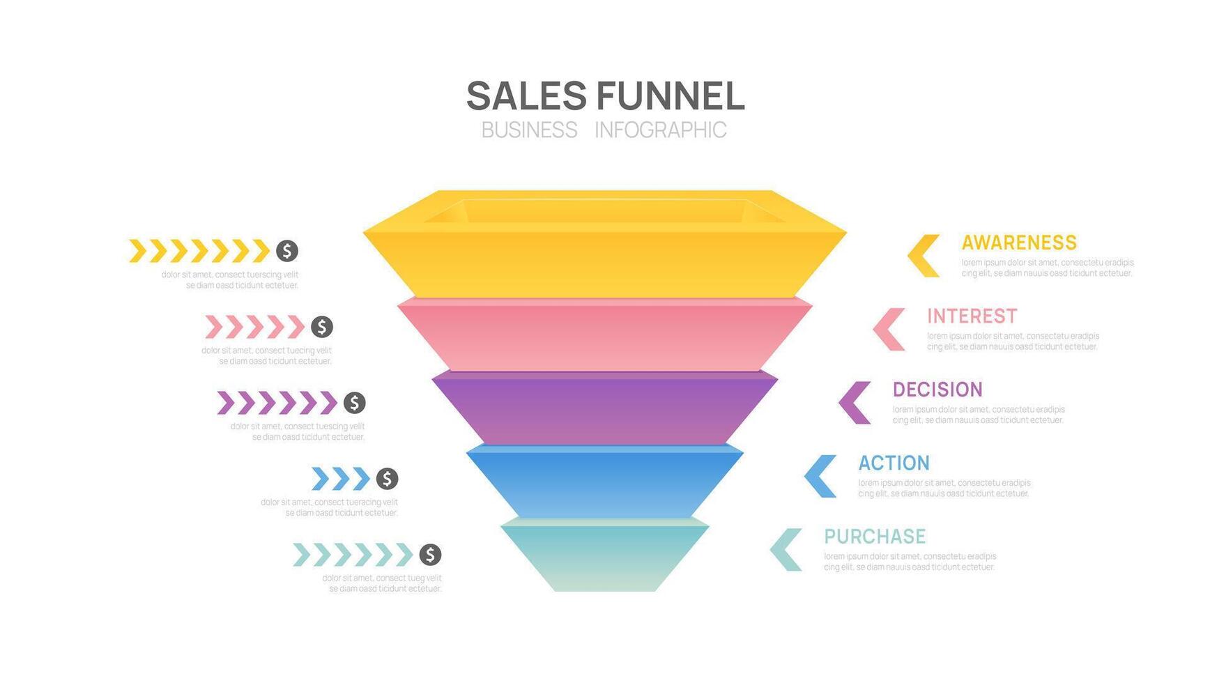 Colorful business infographic sale funnel, symbols, data sales or marketing process, illustration. vector