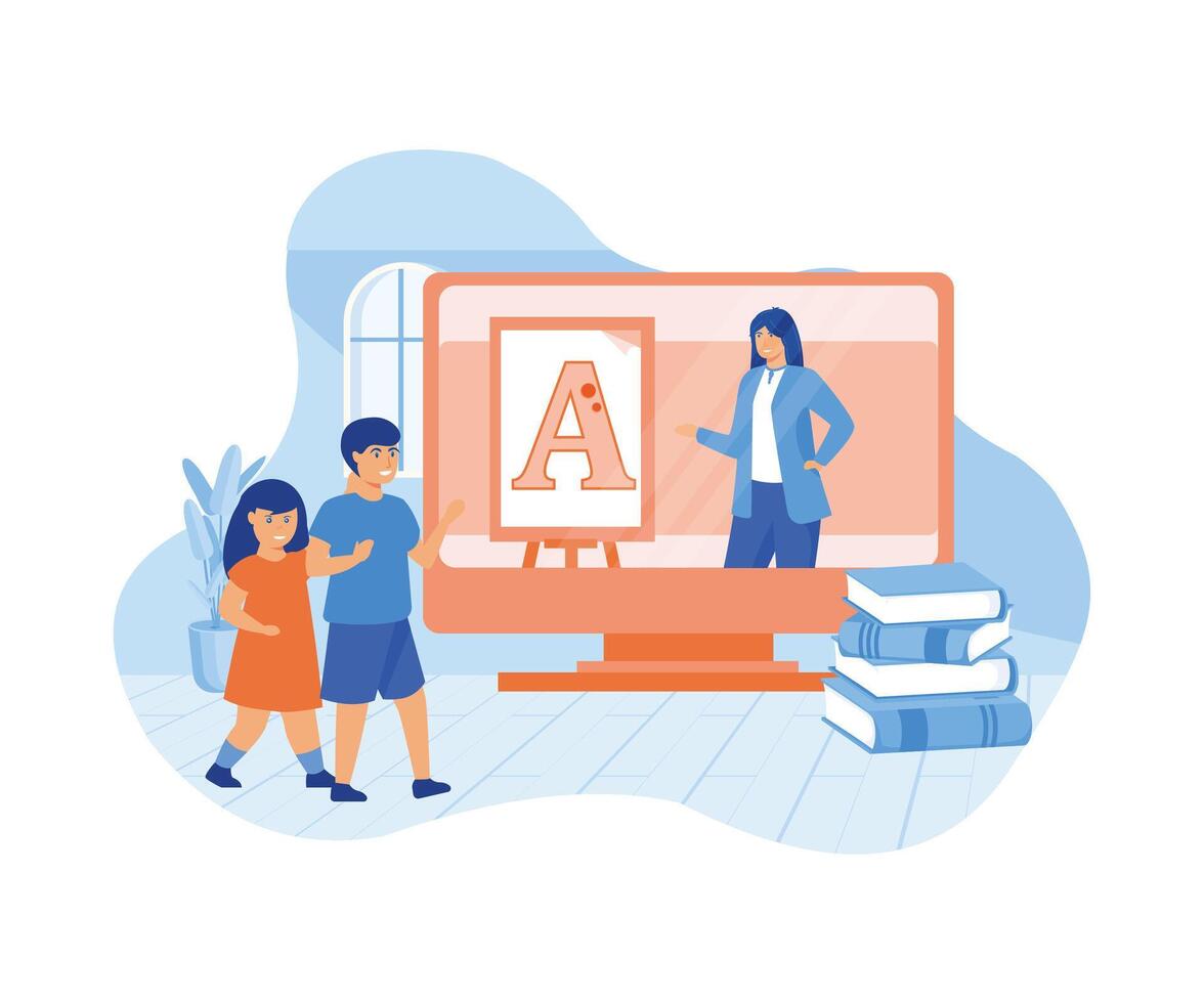 E-learning banner. Online early childhood education courses. Free online preschool games, home schooling. Woman teacher on screen. flat modern illustration vector