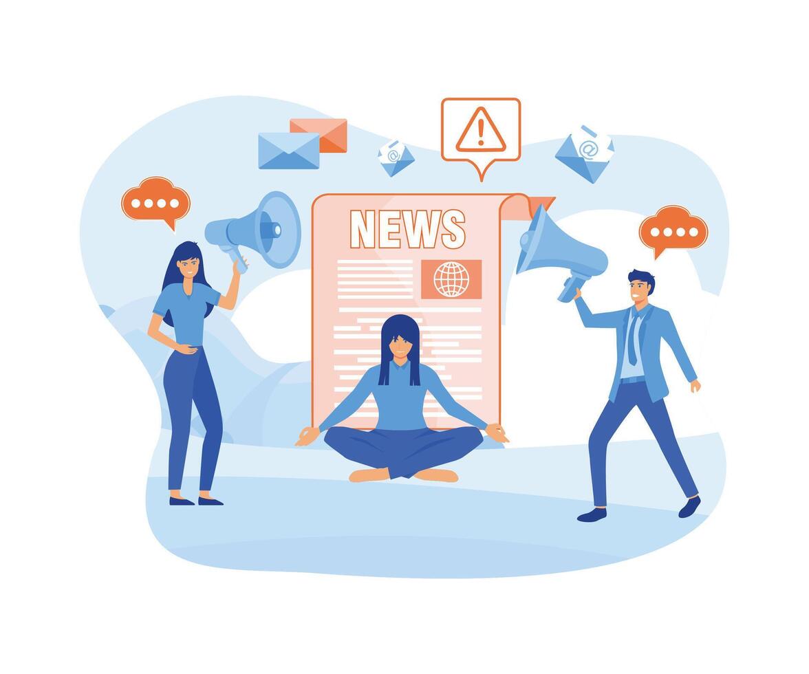 Stop spreading hoax and fake news. Young woman meditate under glass dome trying to stop false news from television, internet vector