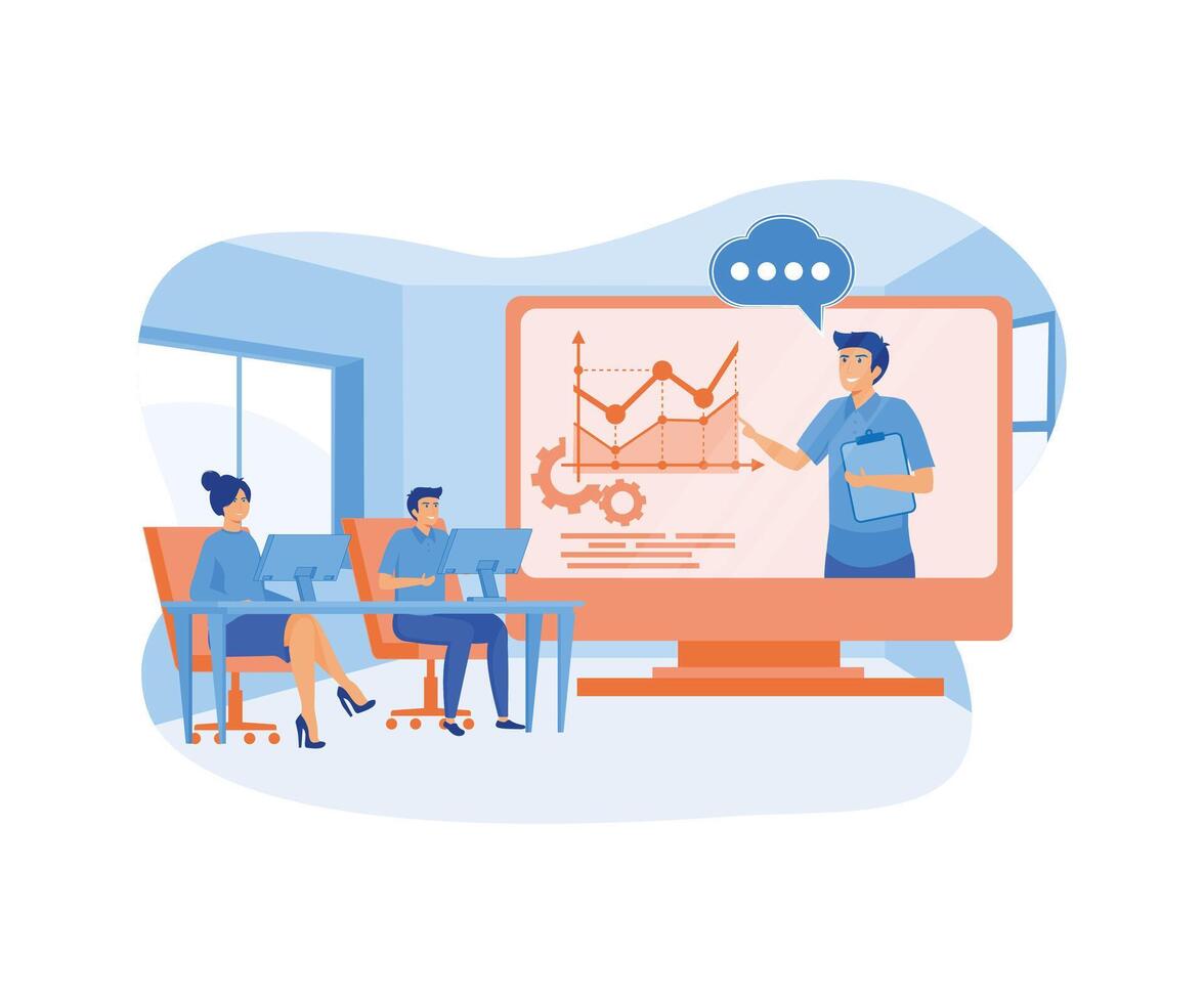 Online training courses for employees, training skills enhancement, people sit at a conference and look at the big screen. flat modern illustration vector