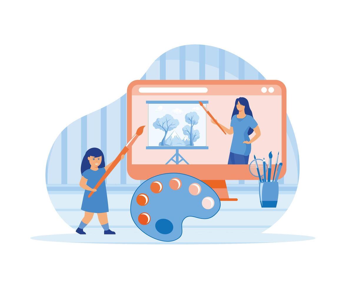 Online art class. E learning, distance education. Tutorials and web courses. Woman art teacher on screen and girl preschooler student with brush. flat modern illustration vector