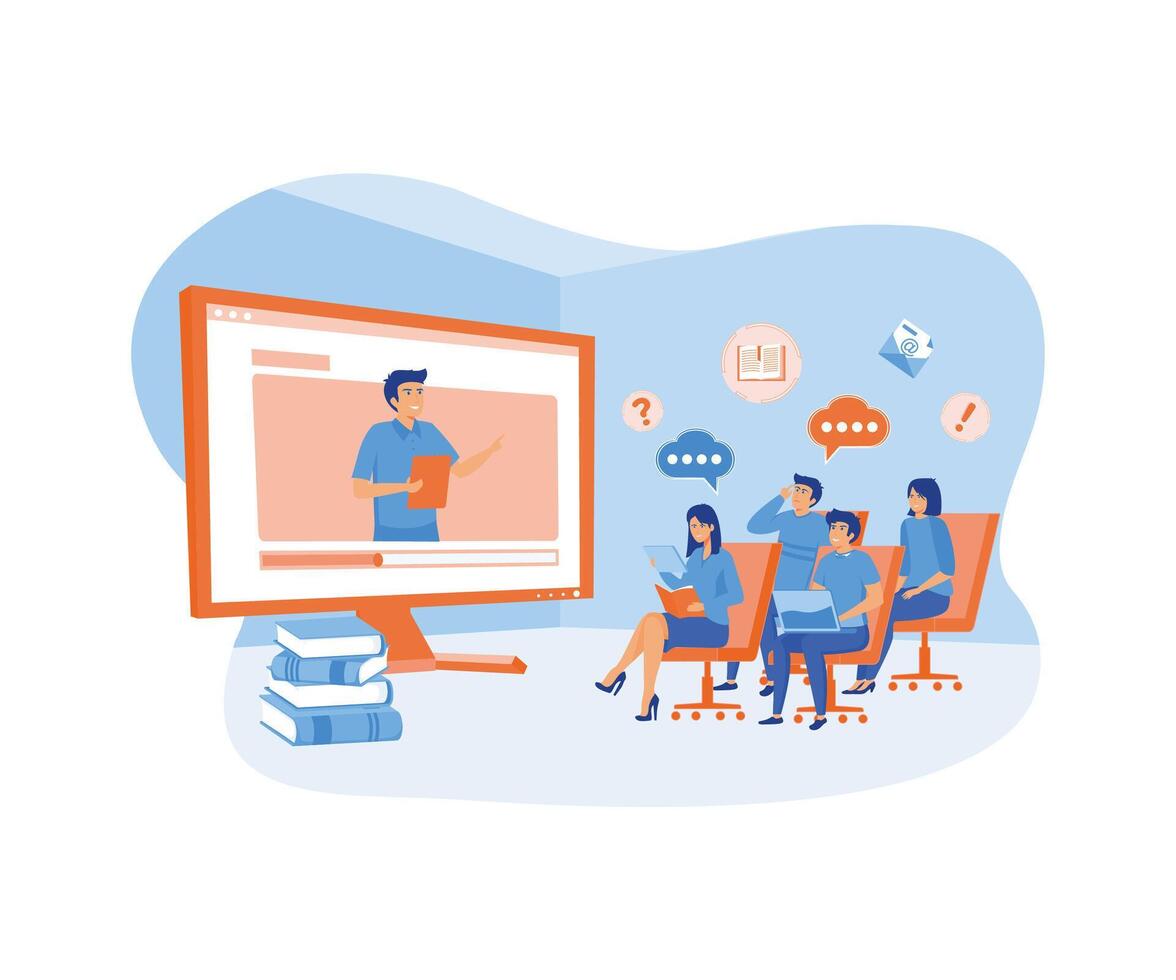 Webinar and online education courses, the teacher teaches a group of students online. flat modern illustration vector