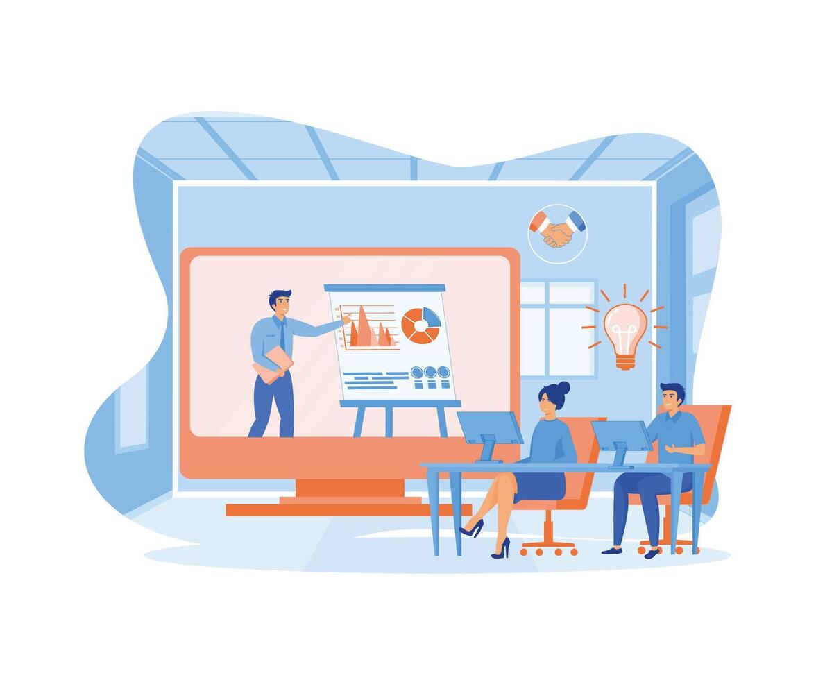 Online Training Conference for Office Workers. Colleagues Sitting with Laptop at Desks Receive Knowledge from Coach. flat modern illustration vector