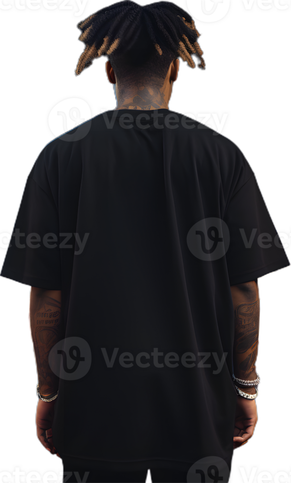 Model Wearing black oversized T shirt posing his back png