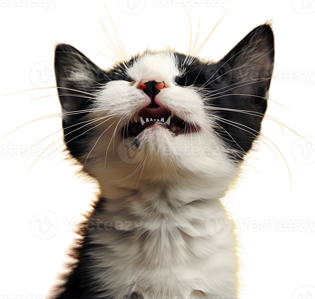a black and white kitten with its mouth open png