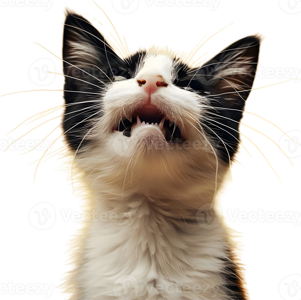 a black and white kitten with its mouth open png
