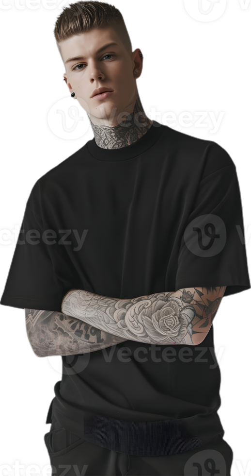 a man with tattoos standing with his hands on his hips png