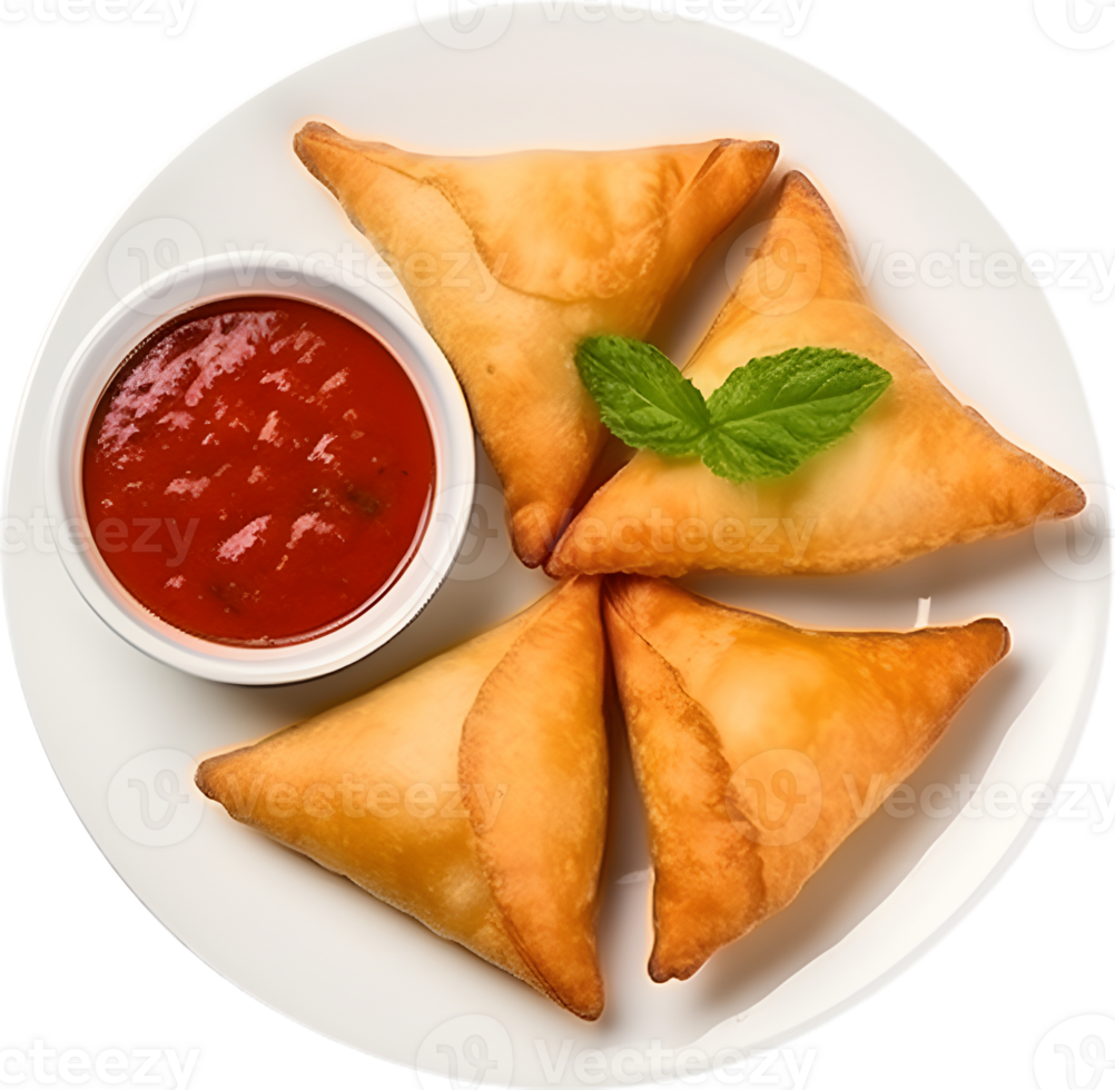 samosa near ketchup in a transparent background png