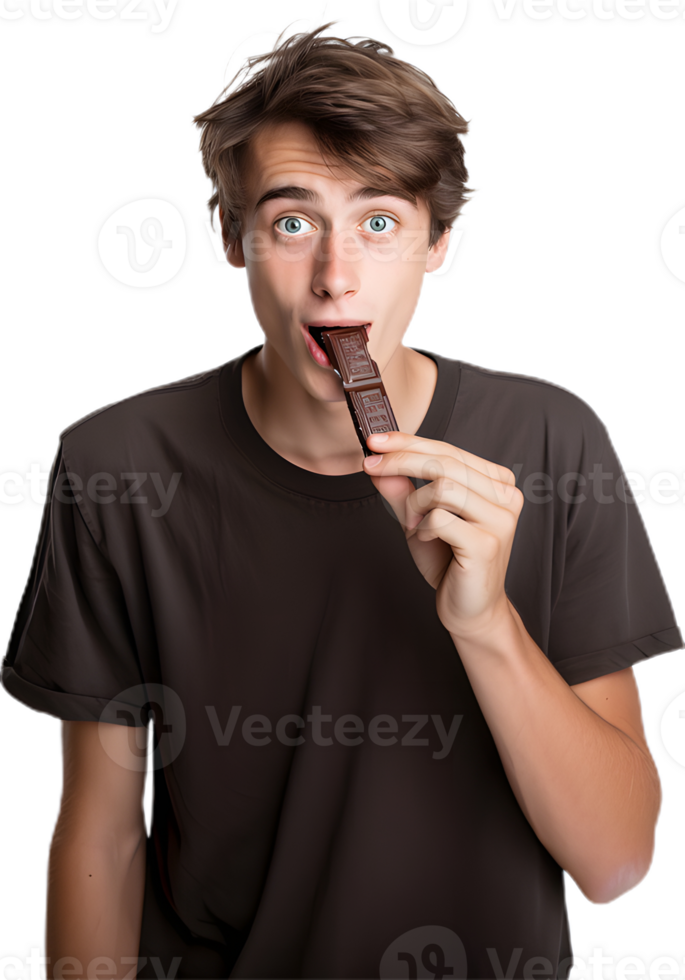 a young man holding a chocolate bar in front of his mouth png