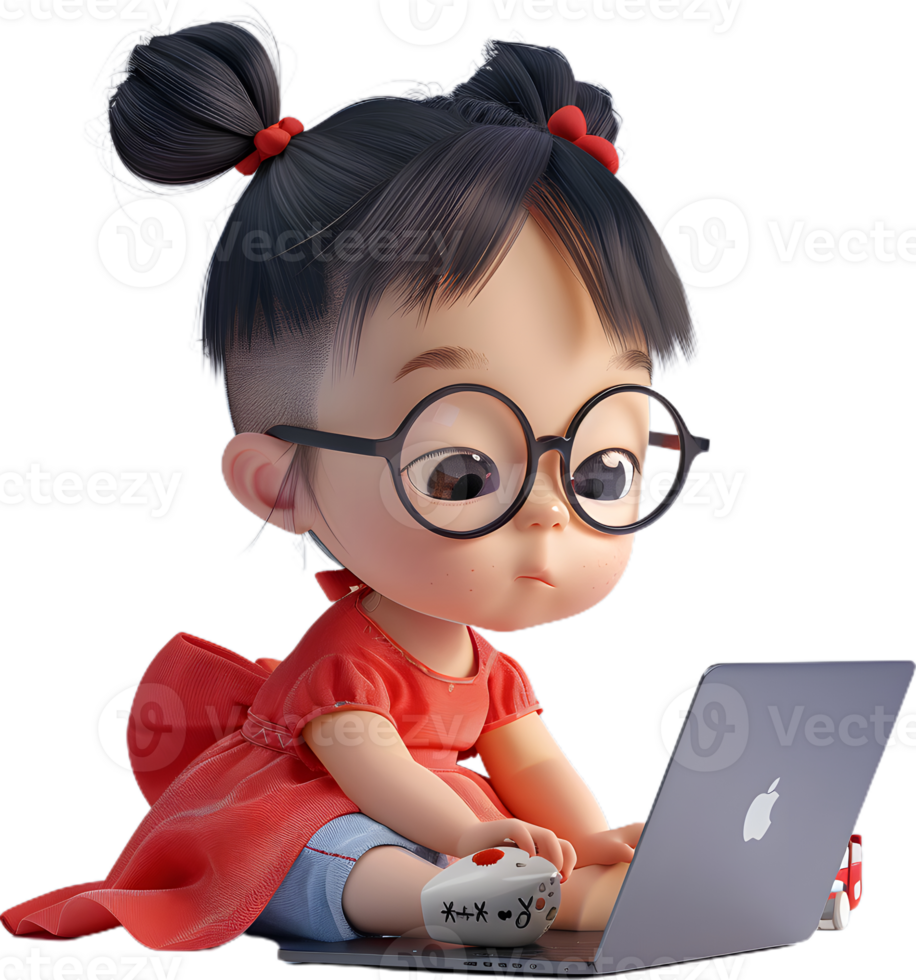 a cartoon girl with glasses sitting on a laptop png