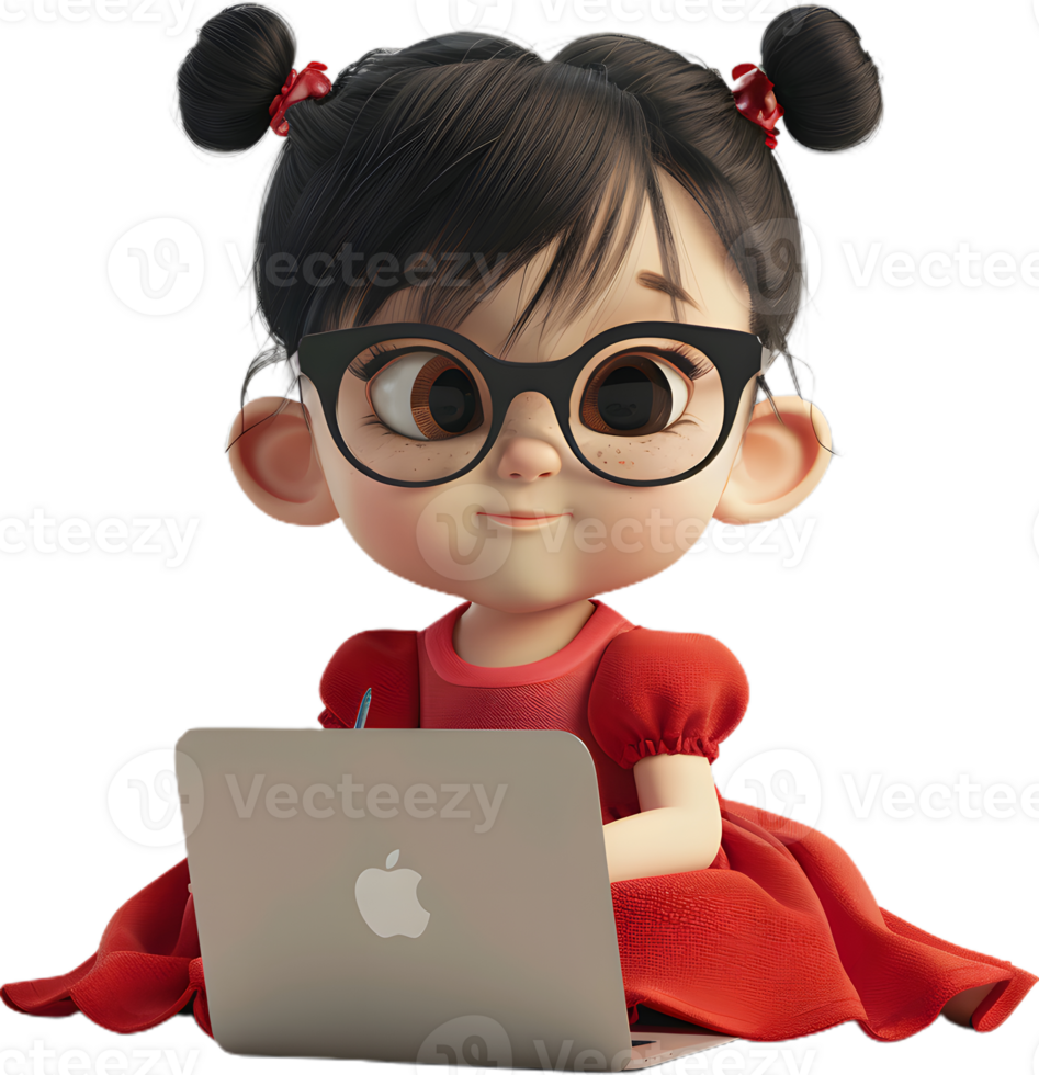 a cartoon girl with glasses sitting on a laptop png