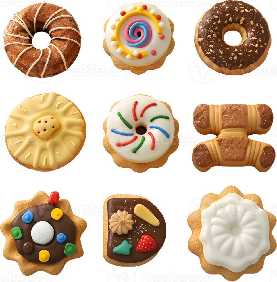 a set of different kinds of donuts png
