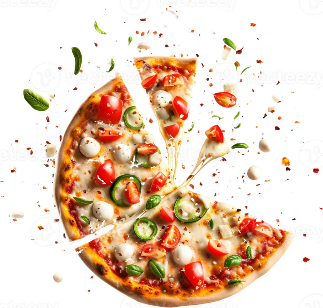 a pizza with a slice missing on a transparent background png