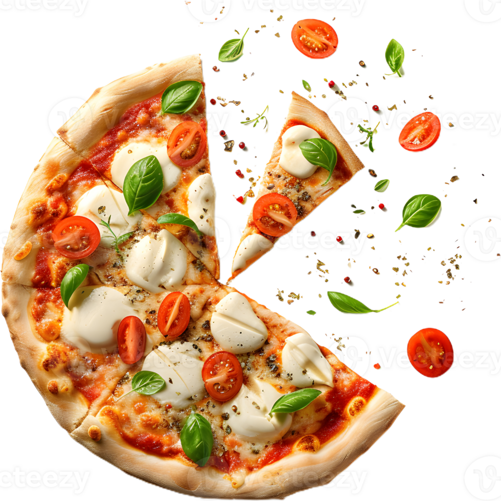 a pizza with a slice missing on a transparent background png
