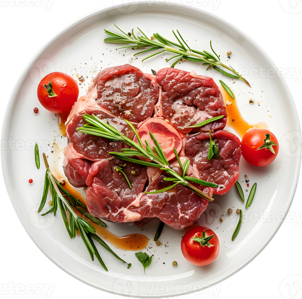 raw meat on a plate with herbs and spices png