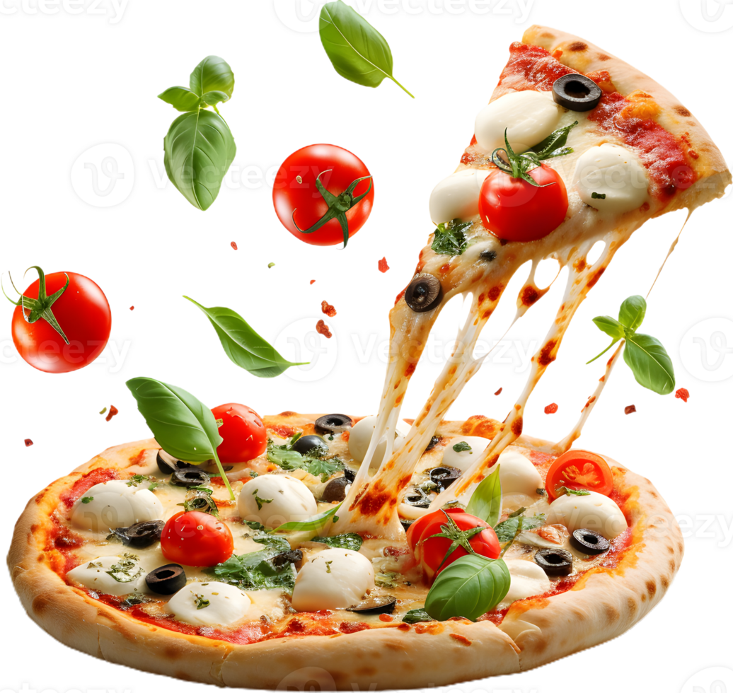 a pizza with a slice missing on a transparent background png