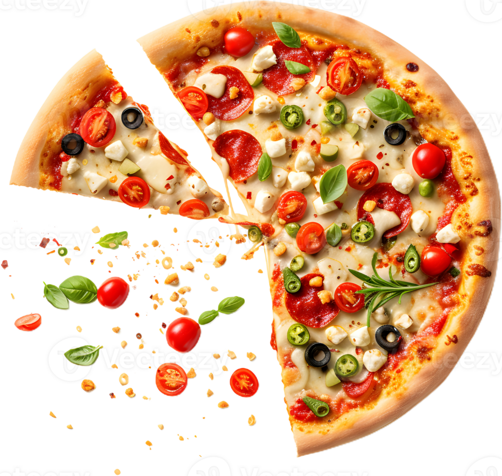 a pizza with a slice missing on a transparent background png