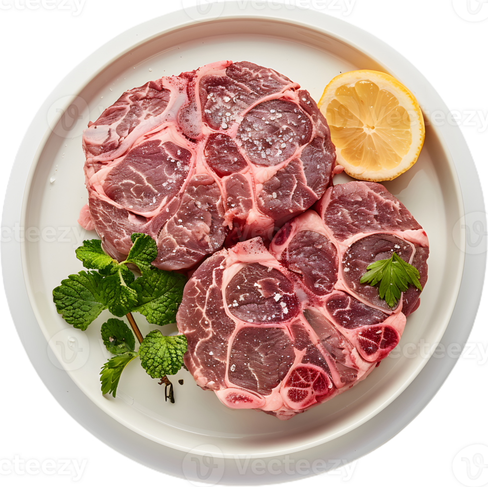 raw meat on a plate with herbs and spices png