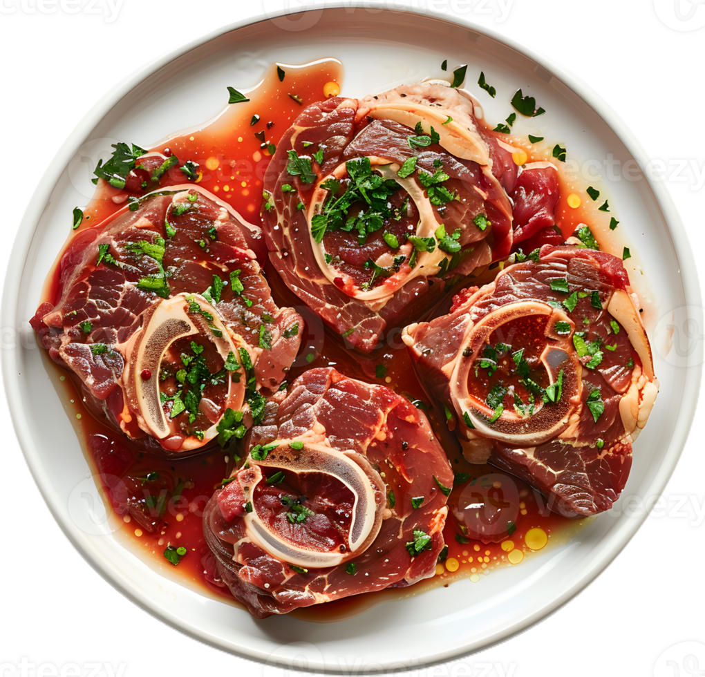raw meat on a plate with herbs and spices png