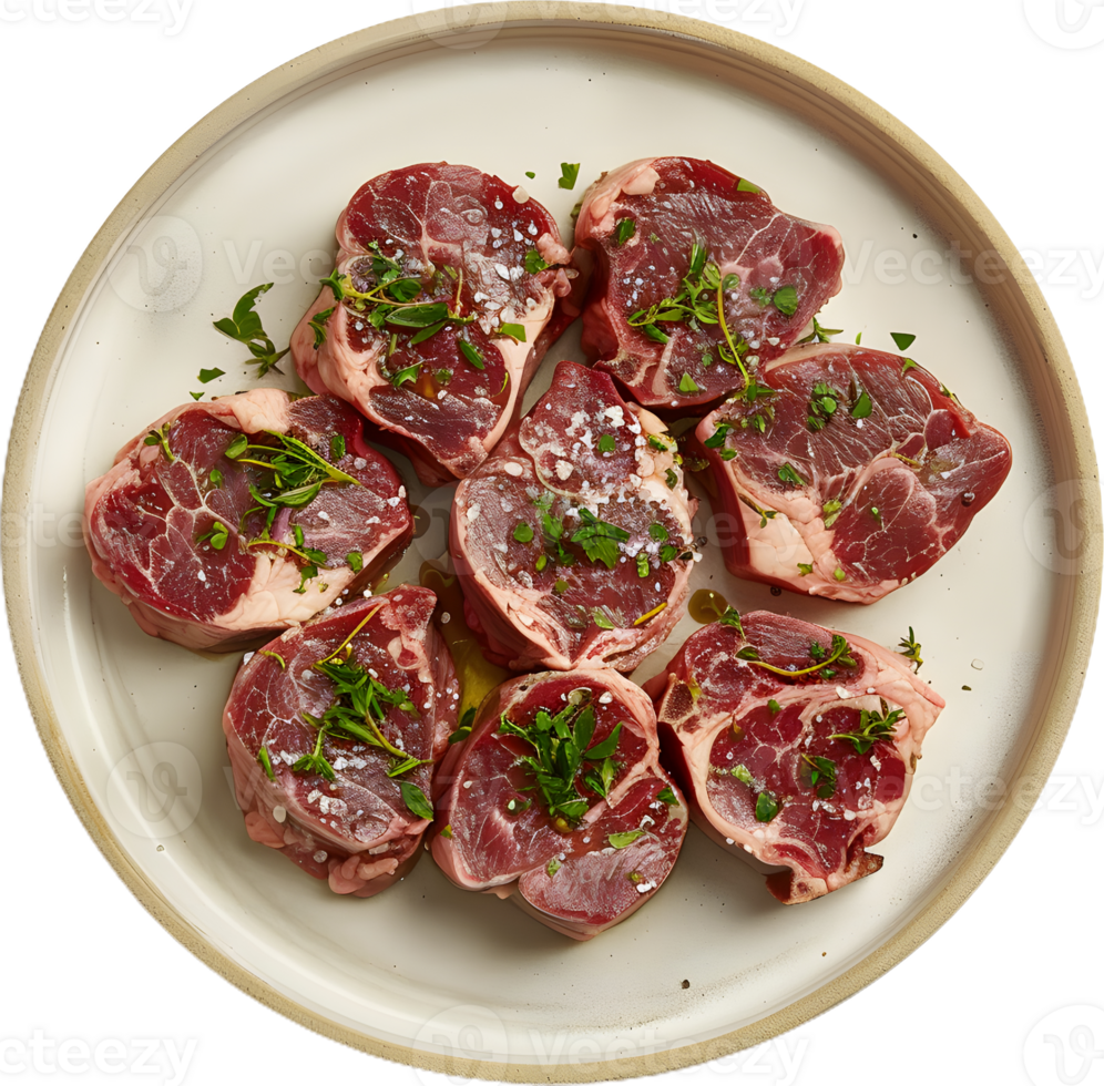 raw meat on a plate with herbs and spices png