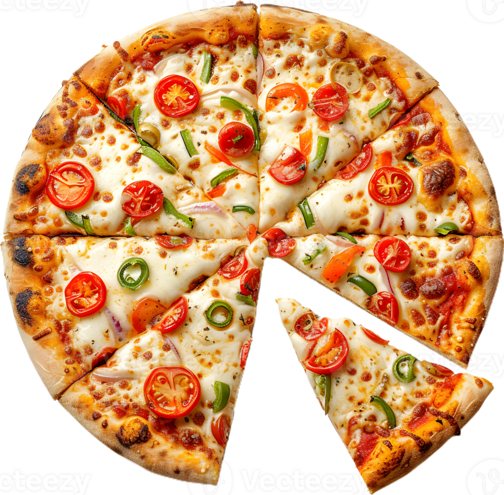 a pizza with a slice missing on a transparent background png
