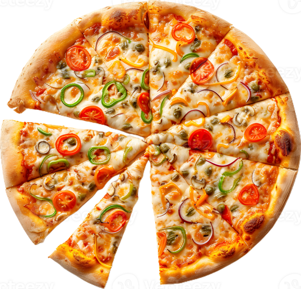 a pizza with a slice missing on a transparent background png