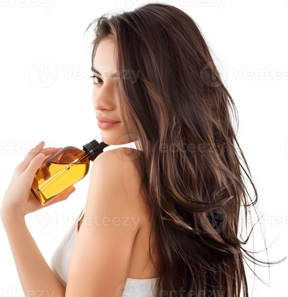 beautiful woman with long hair holding a bottle of essential oil png