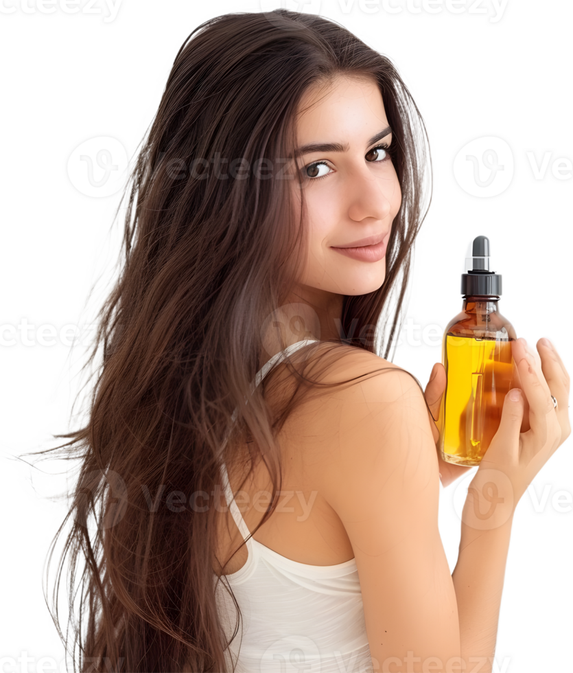 beautiful woman with long hair holding a bottle of essential oil png