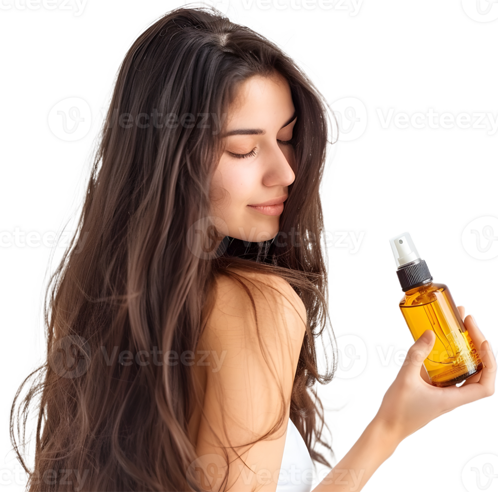 beautiful woman with long hair holding a bottle of essential oil png