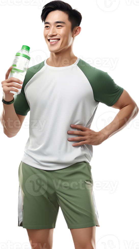 a man in shorts and a white shirt holding a bottle of water png