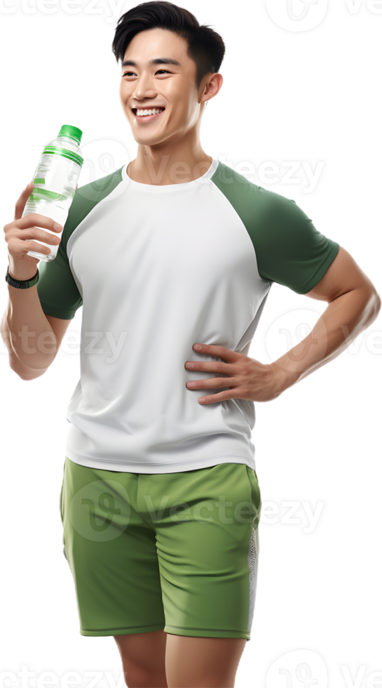 a man in green shorts and white shirt holding a bottle of water png