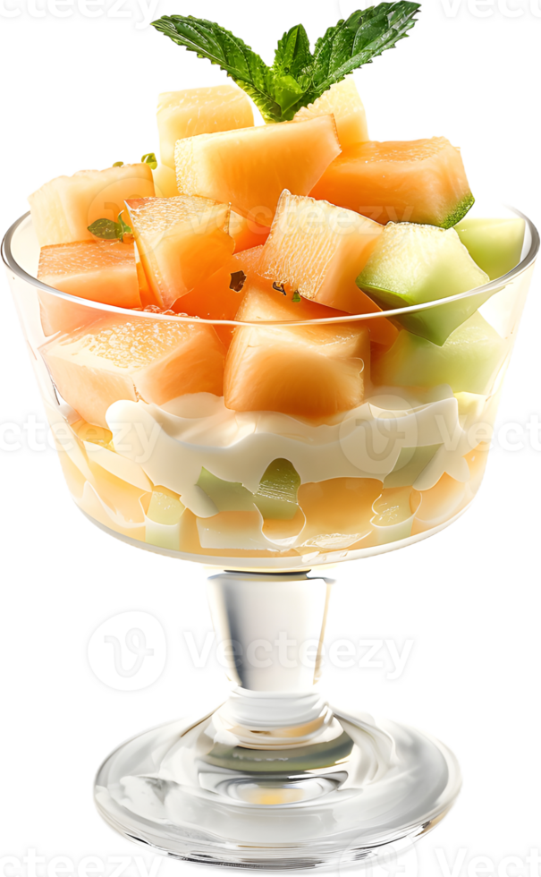 a glass bowl with fruit salad in it png