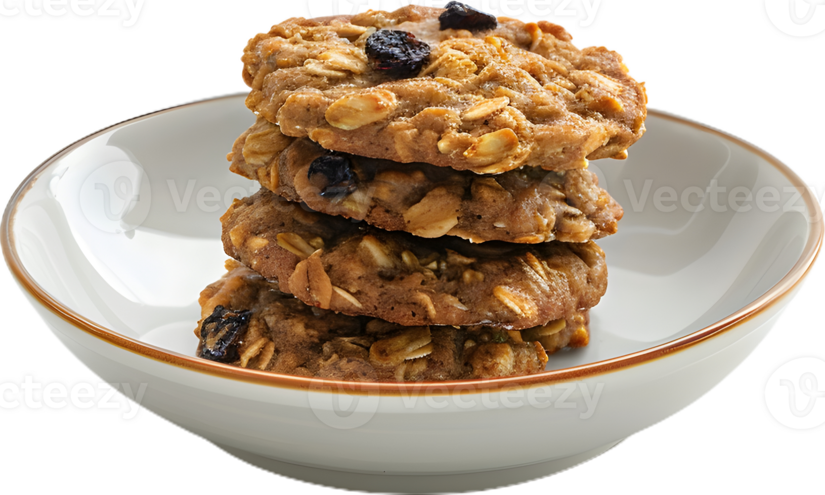 a bowl of oatmeal cookies with raisins on top png