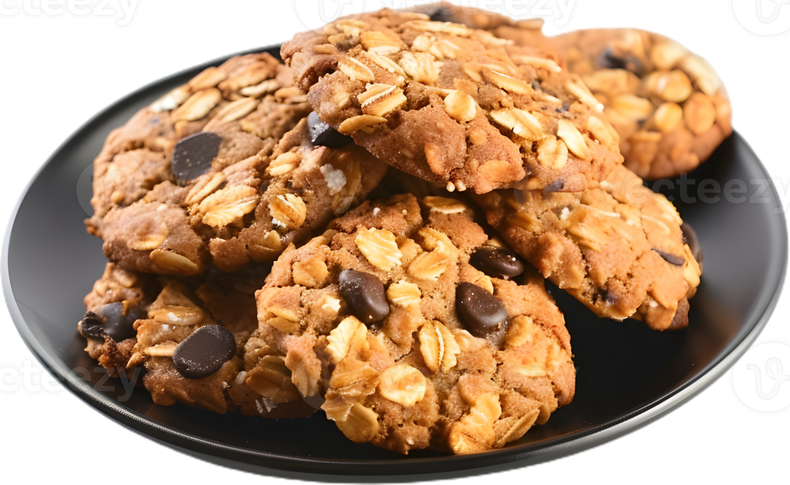 a bowl of oatmeal cookies with raisins on top png