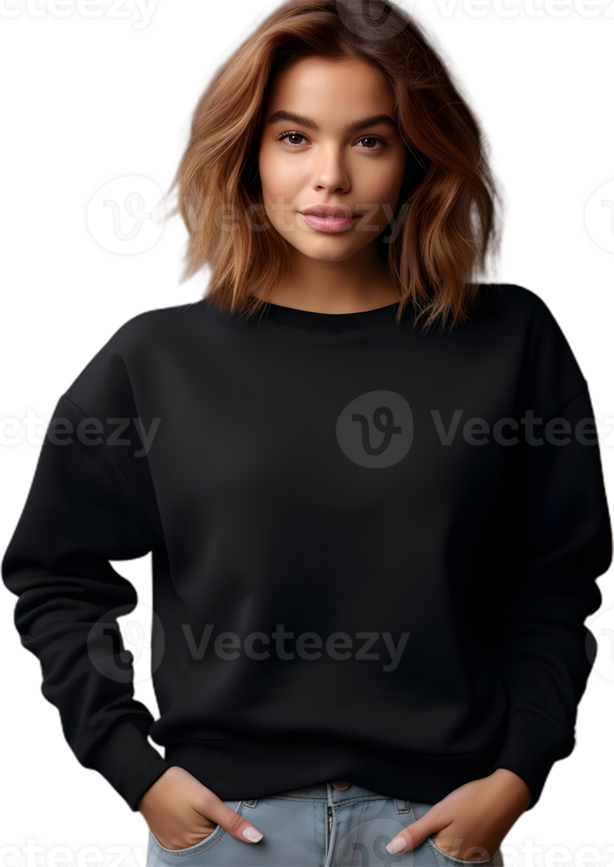 woman wearing black sweatshirt and jeans png