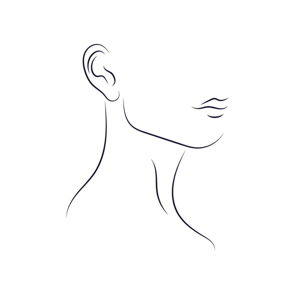 Line art woman profile portrait. Thin black lines. Linear contour of head lips and neck vector