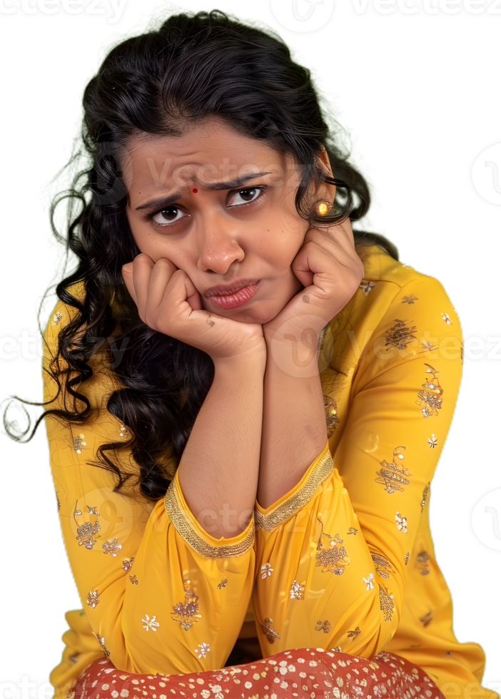 woman in yellow dress sitting on the floor with her hands on her chin png