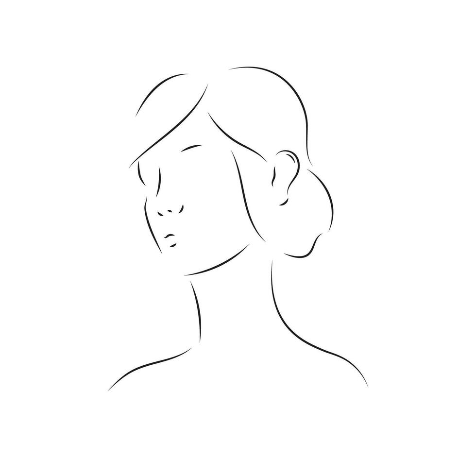 Elegant line art woman portrait, side view. Thin minimalistic black lines vector