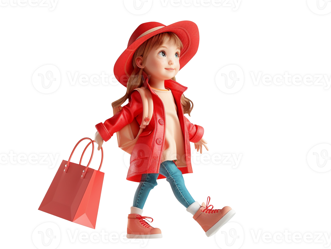 A cute cartoon girl with a shopping bag isolated on transparent background png