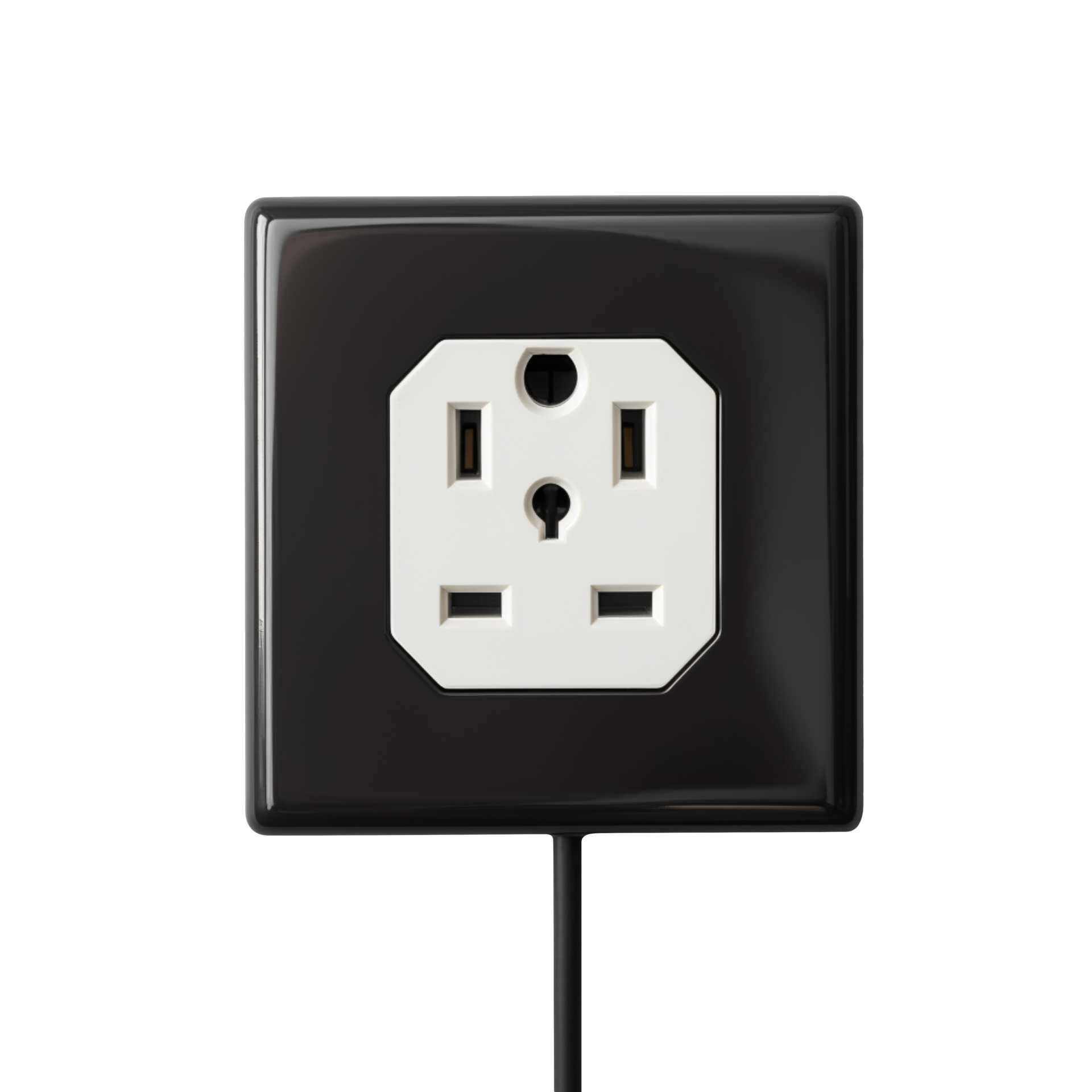 Black electrical plugged in the white electric socket on the wall