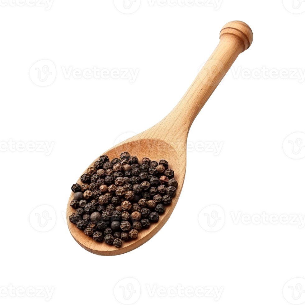 Black pepper seeds in wooden spoon isolated on transparent background png