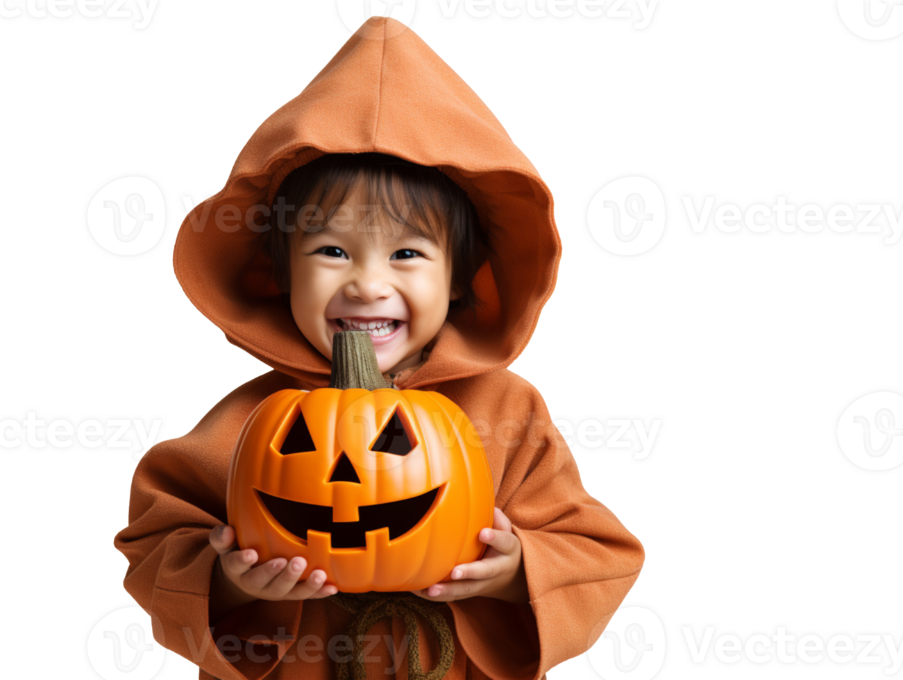 A cute kid wearing witch halloween costume with a pumpkin isolated on transparent background png