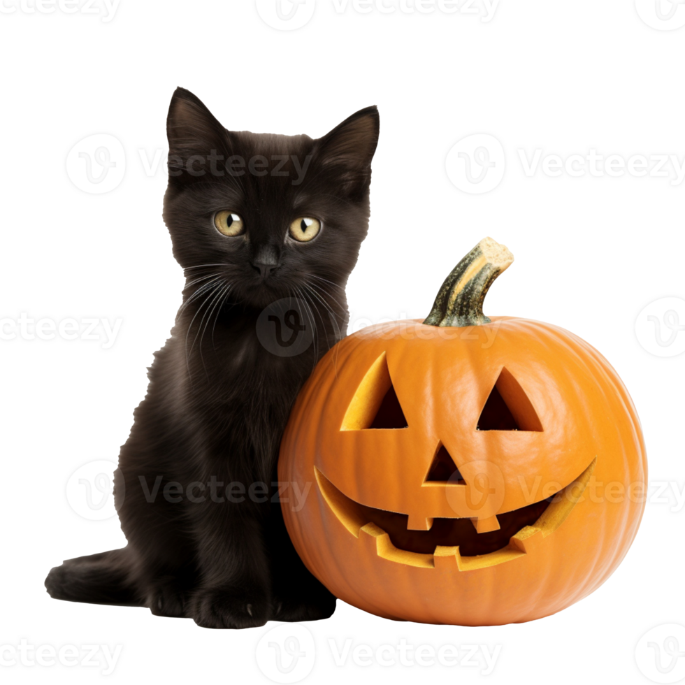 A black cat sitting in a field of halloween pumpkins isolated on transparent background png