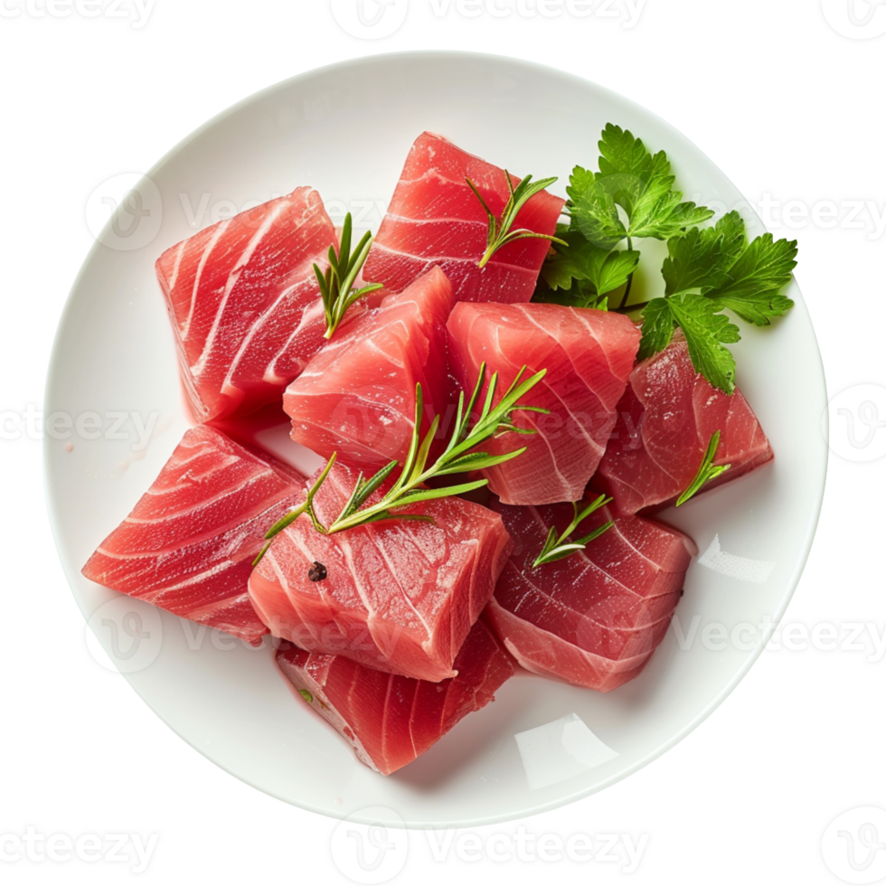 A plate of raw tuna fish fillet isolated on transparent background png
