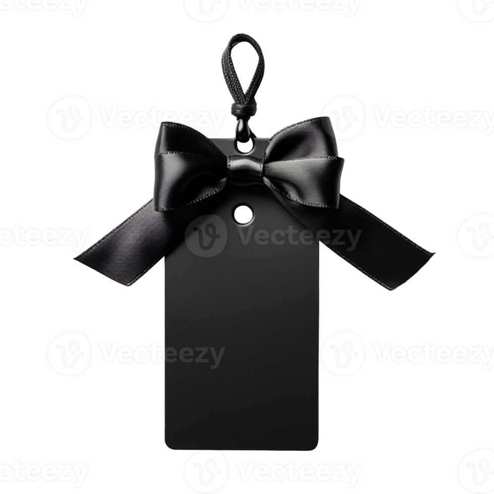 Black price tag with black ribbon isolated on transparent background png