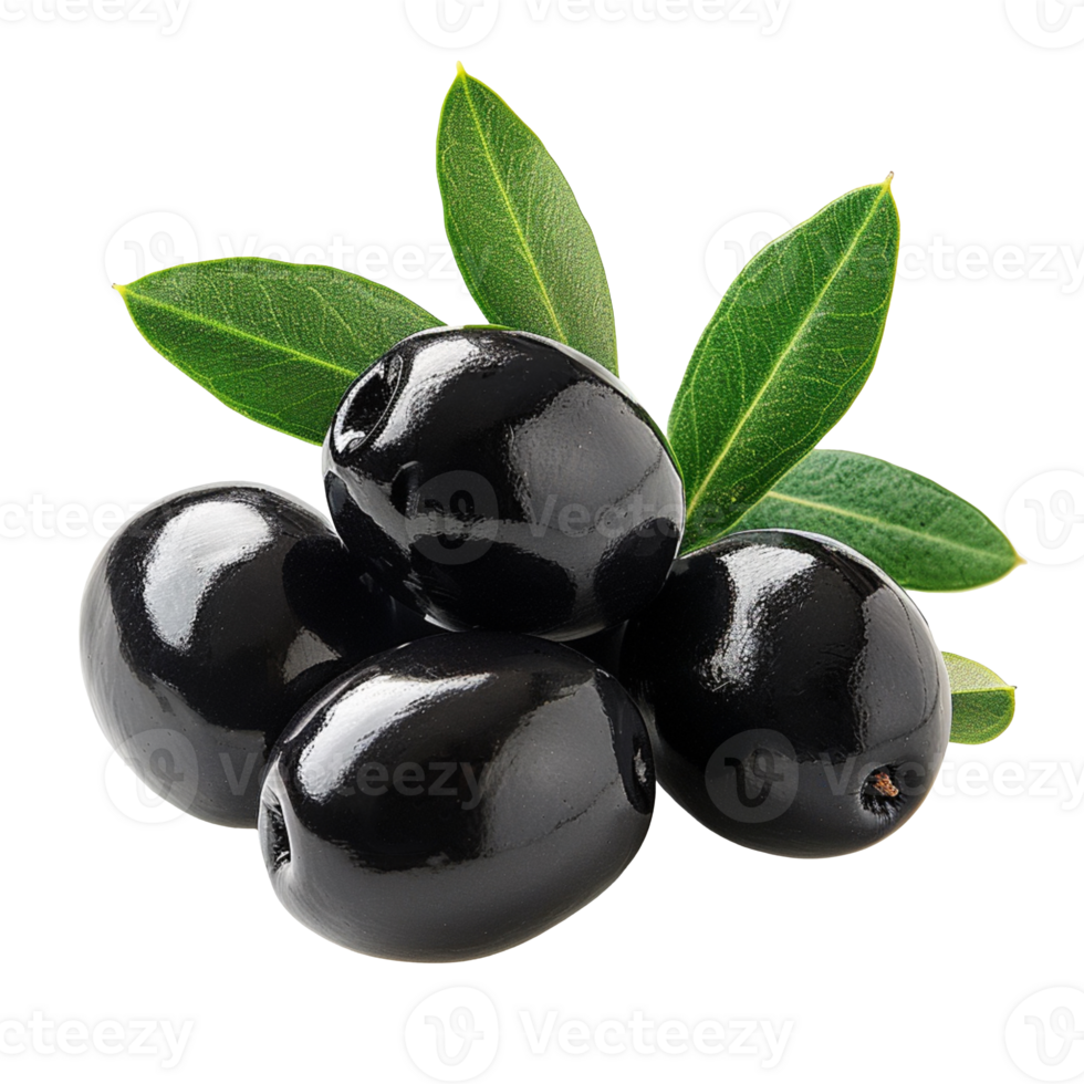 Black olives with leaves isolated on transparent background png