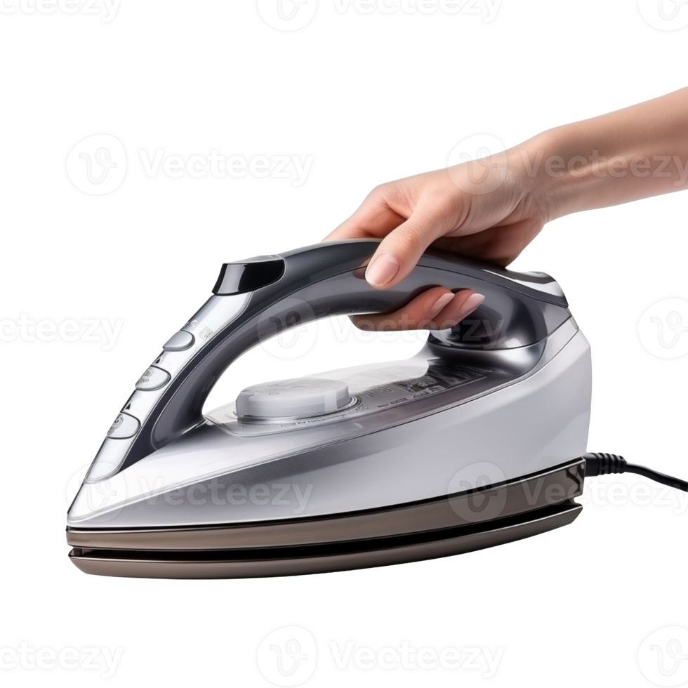 Close up electric iron in hand isolated on transparent background png